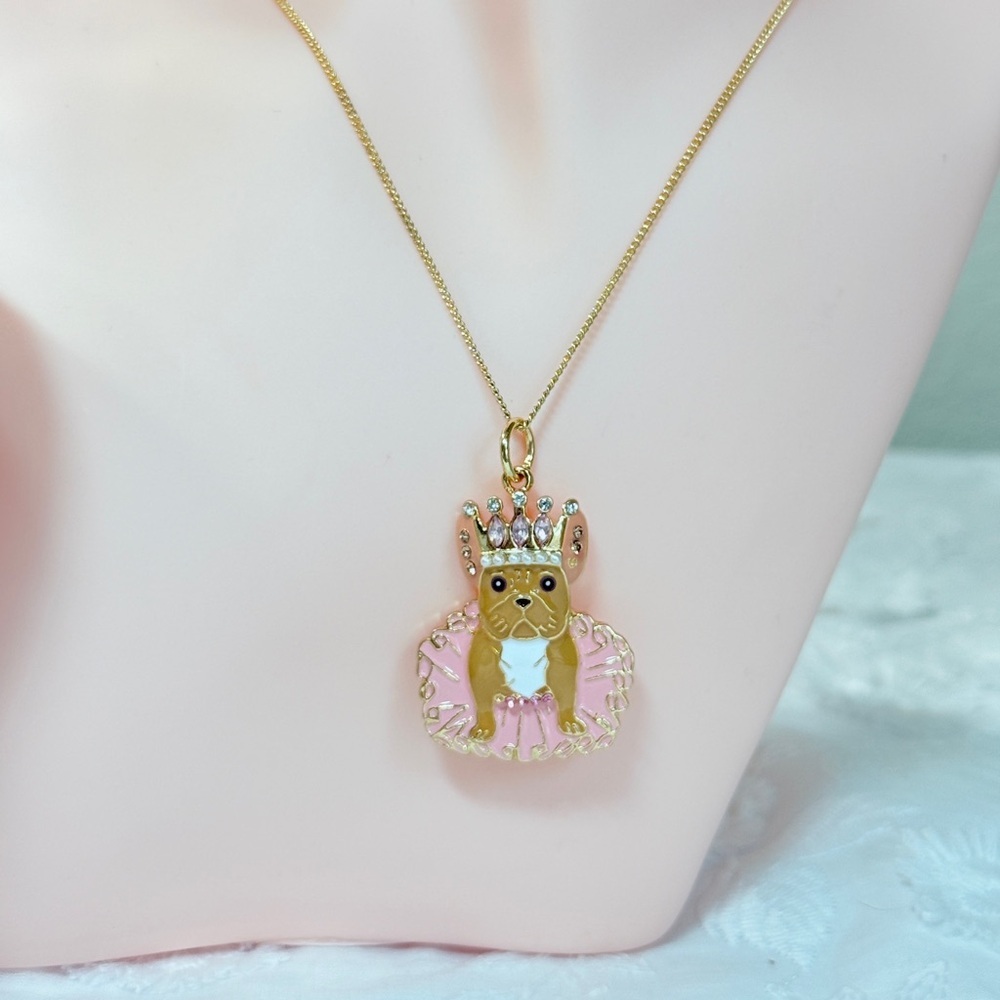 Gold and Pink French Bulldog Pendant Necklace - Picture 3 of 4